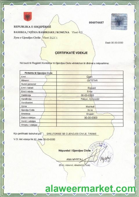 Albania death certificate template in PSD format